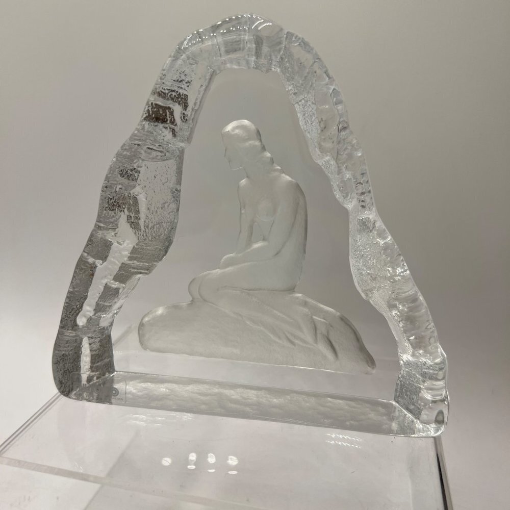 Nybro Sweden Copenhagen Mermaid Hand Made Crystal Block Paperweight Vintage
